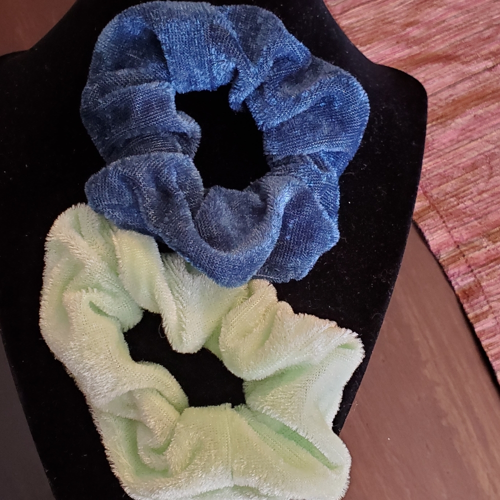 Two velvet hair scrunchies denim blue, light green
